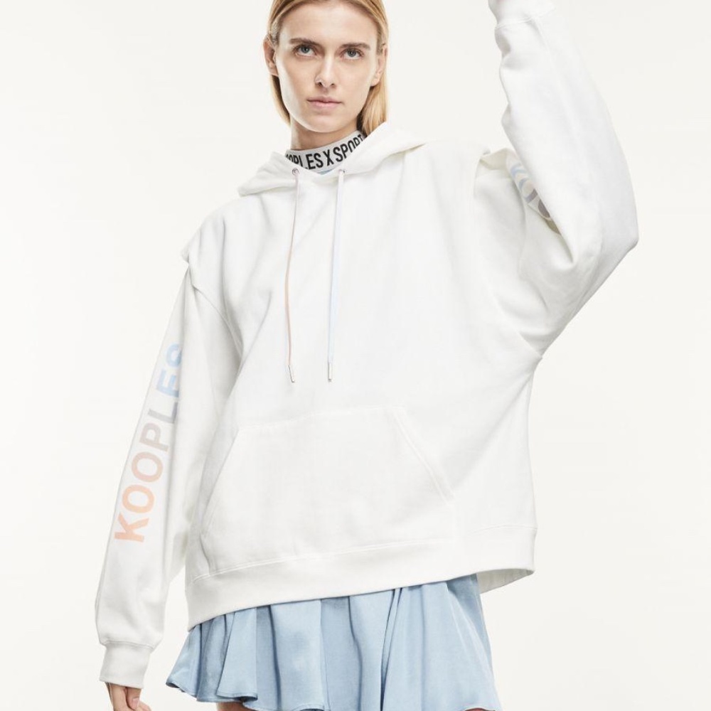 The Kooples HOODED ECRU SWEATSHIRT WITH PRINTED SLEEVES